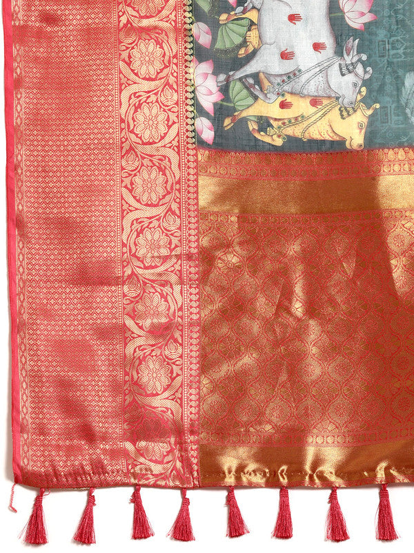 Green Munga Silk Digital Print Animal Print Saree with Unstitched Blouse - Hiral Fashion