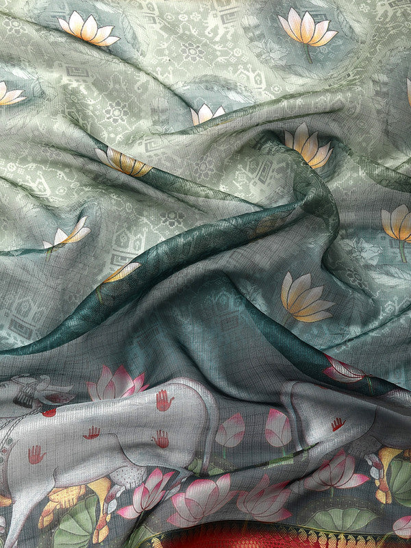 Green Munga Silk Digital Print Animal Print Saree with Unstitched Blouse - Hiral Fashion