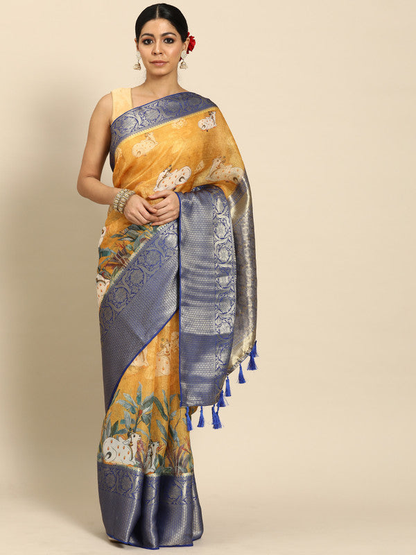 Mustard Munga Silk Digital Print Animal Print Saree with Unstitched Blouse - Hiral Fashion