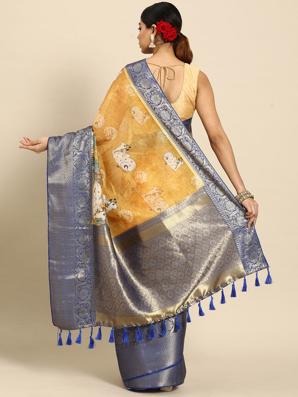 Mustard Munga Silk Digital Print Animal Print Saree with Unstitched Blouse - Hiral Fashion
