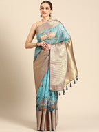 Turquoise Munga Silk Digital Print Animal Print Saree with Unstitched Blouse - Hiral Fashion