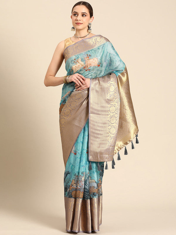 Turquoise Munga Silk Digital Print Animal Print Saree with Unstitched Blouse - Hiral Fashion