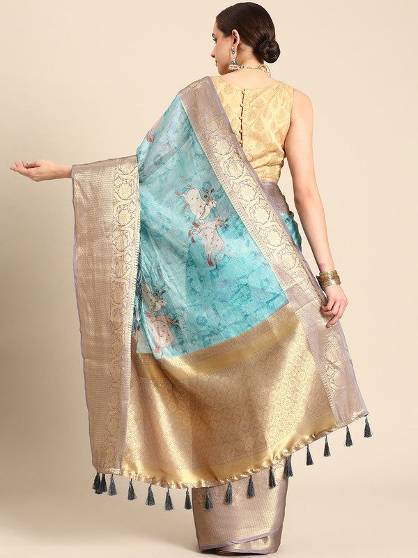 Turquoise Munga Silk Digital Print Animal Print Saree with Unstitched Blouse - Hiral Fashion