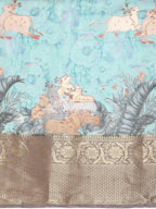 Turquoise Munga Silk Digital Print Animal Print Saree with Unstitched Blouse - Hiral Fashion