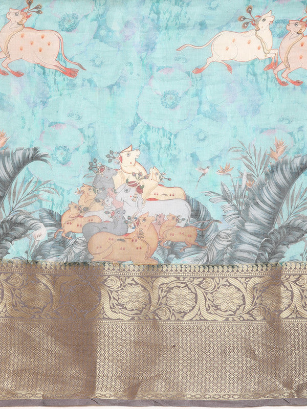 Turquoise Munga Silk Digital Print Animal Print Saree with Unstitched Blouse - Hiral Fashion