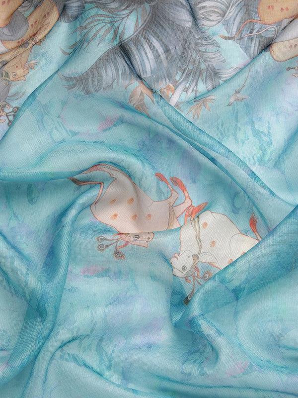 Turquoise Munga Silk Digital Print Animal Print Saree with Unstitched Blouse - Hiral Fashion