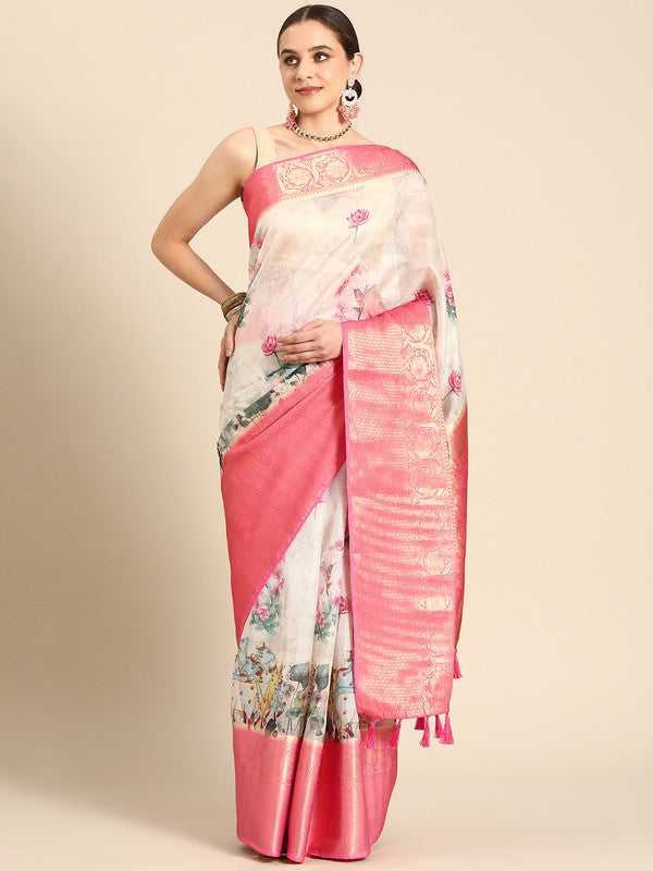 Off White Munga Silk Digital Print Animal Print Saree with Unstitched Blouse - Hiral Fashion