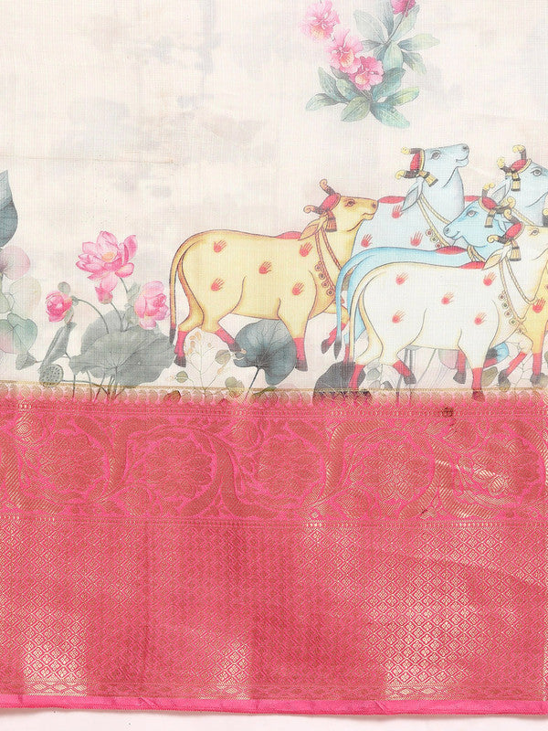 Off White Munga Silk Digital Print Animal Print Saree with Unstitched Blouse - Hiral Fashion