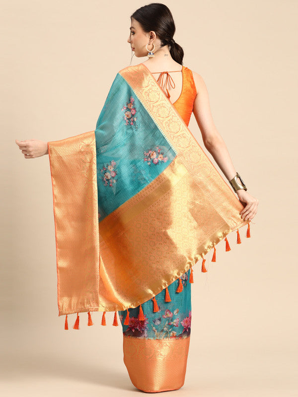 Turquoise Munga Silk Digital Print Animal Print Saree with Unstitched Blouse - Hiral Fashion