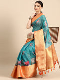 Turquoise Munga Silk Digital Print Animal Print Saree with Unstitched Blouse - Hiral Fashion