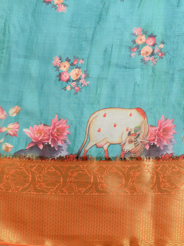 Turquoise Munga Silk Digital Print Animal Print Saree with Unstitched Blouse - Hiral Fashion