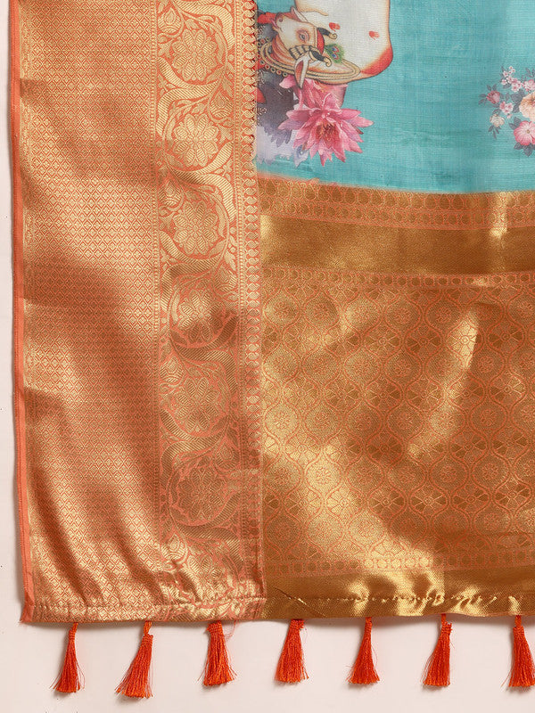 Turquoise Munga Silk Digital Print Animal Print Saree with Unstitched Blouse - Hiral Fashion