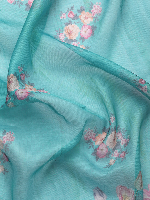Turquoise Munga Silk Digital Print Animal Print Saree with Unstitched Blouse - Hiral Fashion
