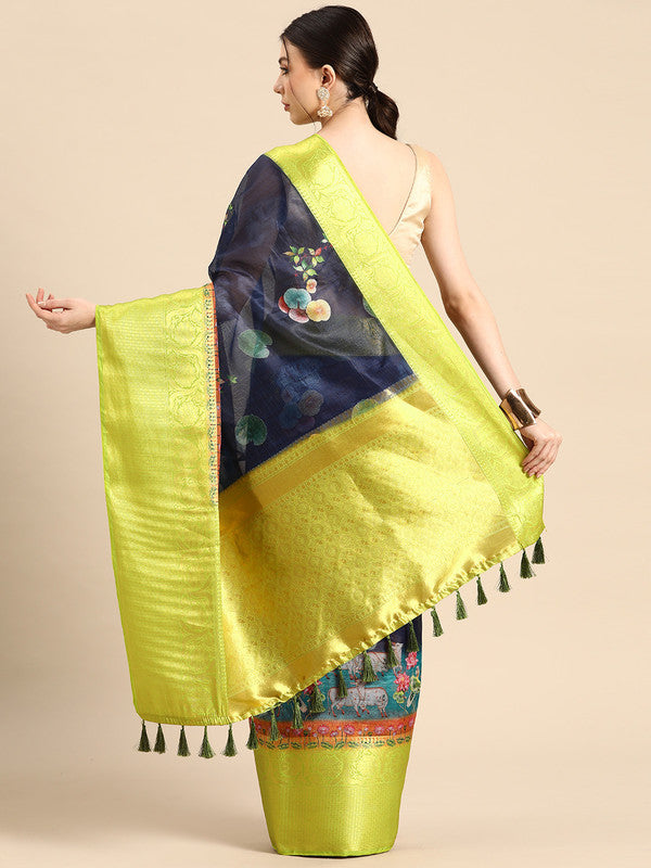 Navy Blue Munga Silk Digital Print Animal Print Saree with Unstitched Blouse - Hiral Fashion