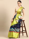 Navy Blue Munga Silk Digital Print Animal Print Saree with Unstitched Blouse - Hiral Fashion