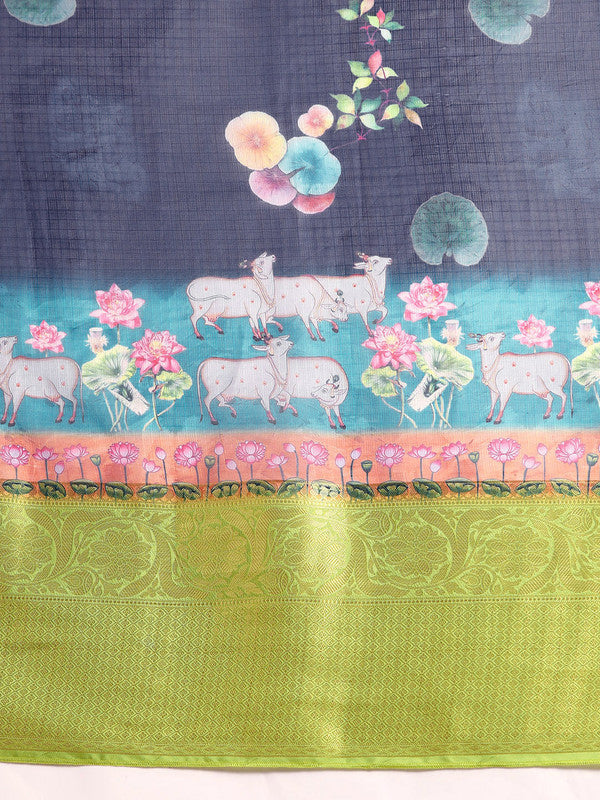 Navy Blue Munga Silk Digital Print Animal Print Saree with Unstitched Blouse - Hiral Fashion