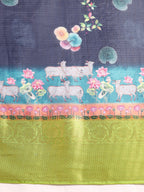 Navy Blue Munga Silk Digital Print Animal Print Saree with Unstitched Blouse - Hiral Fashion