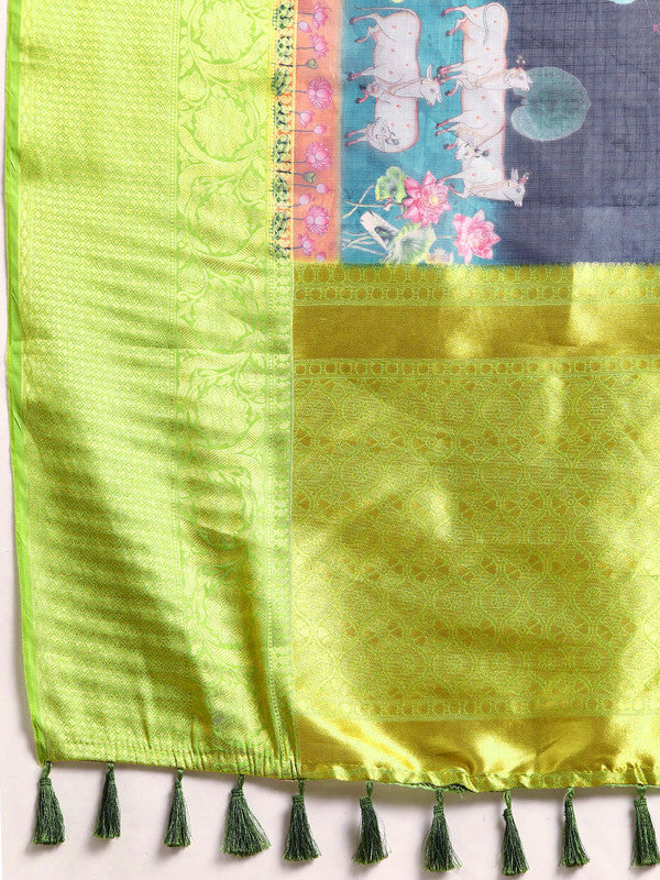 Navy Blue Munga Silk Digital Print Animal Print Saree with Unstitched Blouse - Hiral Fashion
