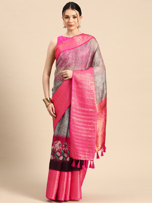 Gray Munga Silk Digital Print Bandhani Saree with Unstitched Blouse - Hiral Fashion