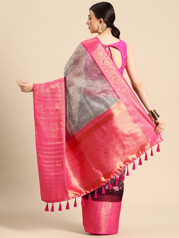 Gray Munga Silk Digital Print Bandhani Saree with Unstitched Blouse - Hiral Fashion