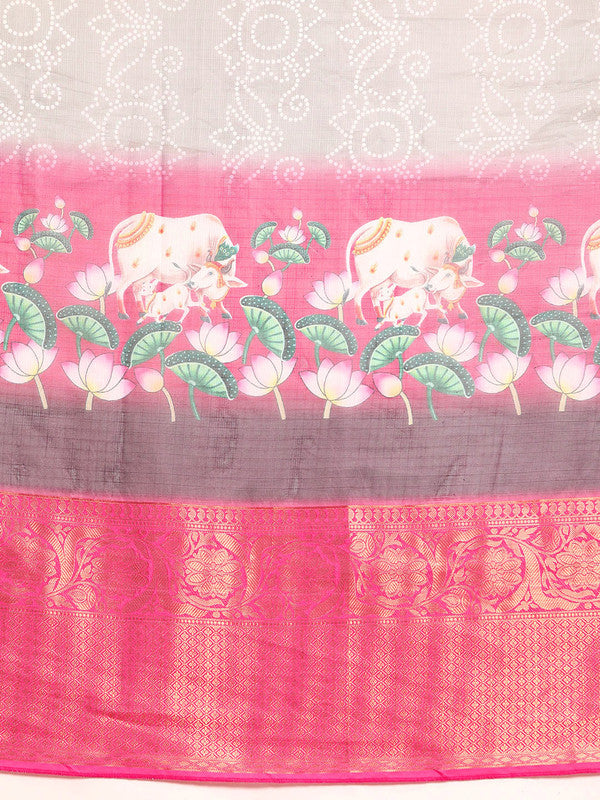 Gray Munga Silk Digital Print Bandhani Saree with Unstitched Blouse - Hiral Fashion