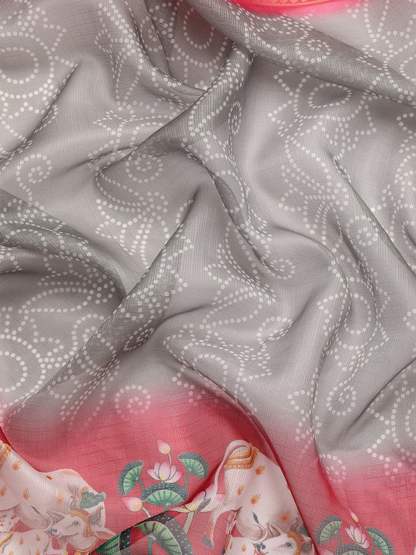 Gray Munga Silk Digital Print Bandhani Saree with Unstitched Blouse - Hiral Fashion