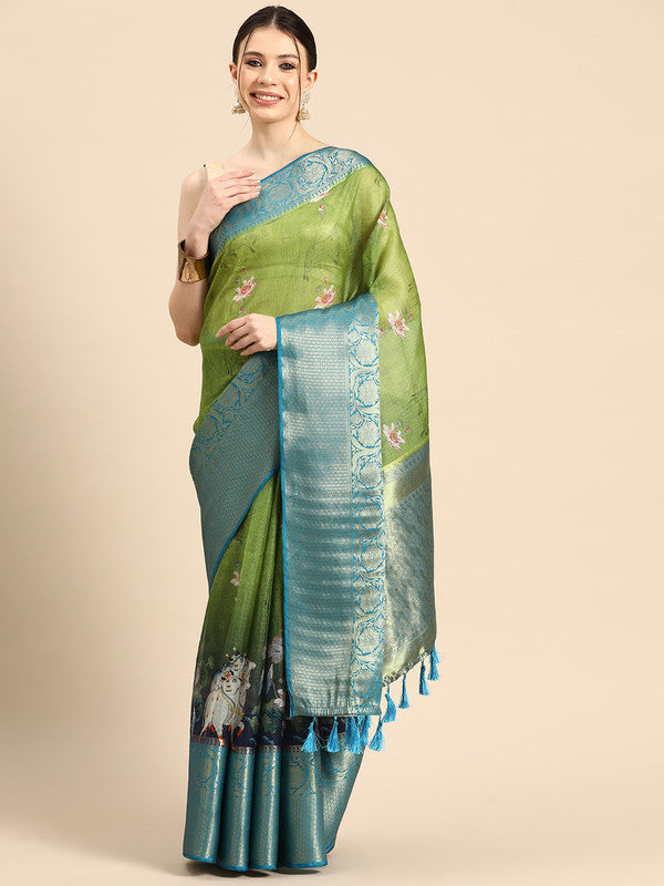 Olive Munga Silk Digital Print Animal Print Saree with Unstitched Blouse - Hiral Fashion