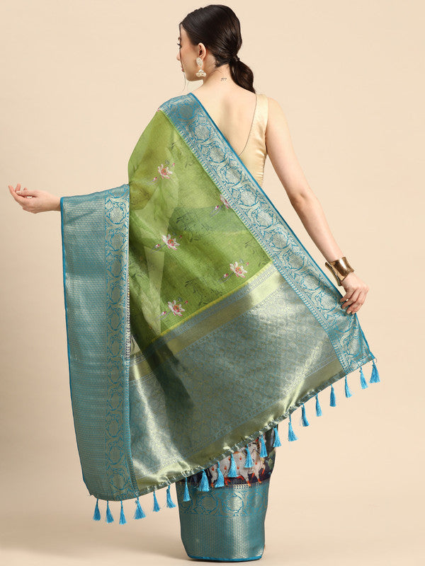 Olive Munga Silk Digital Print Animal Print Saree with Unstitched Blouse - Hiral Fashion