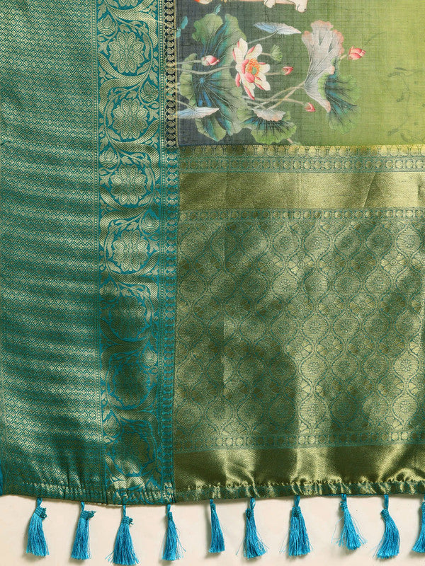 Olive Munga Silk Digital Print Animal Print Saree with Unstitched Blouse - Hiral Fashion