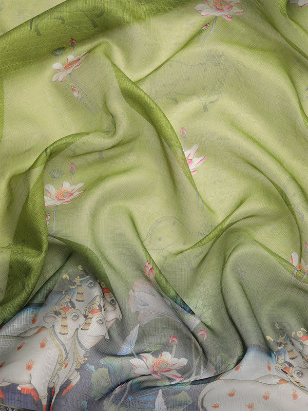 Olive Munga Silk Digital Print Animal Print Saree with Unstitched Blouse - Hiral Fashion