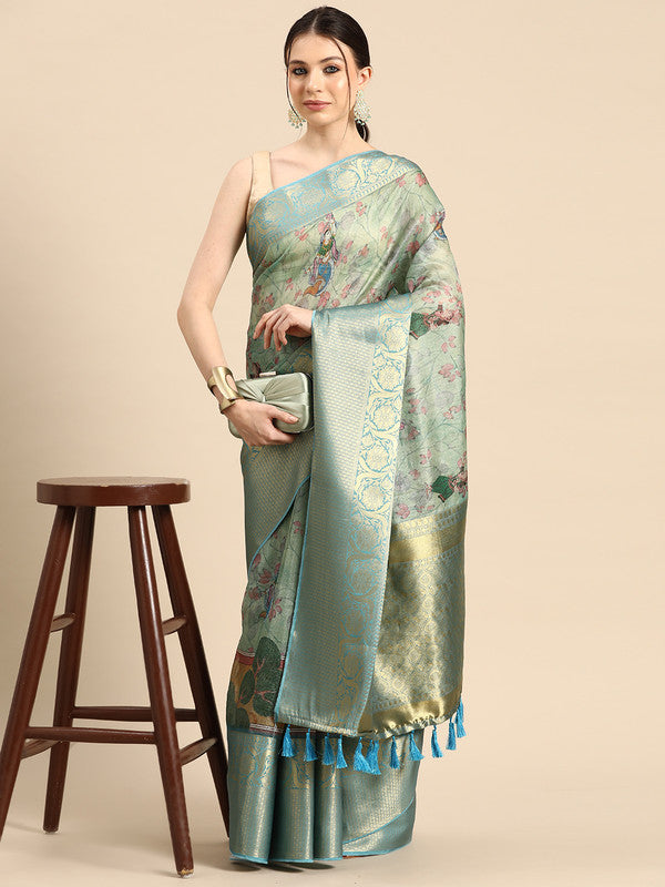 Green Munga Silk Digital Print Animal Print Saree with Unstitched Blouse - Hiral Fashion
