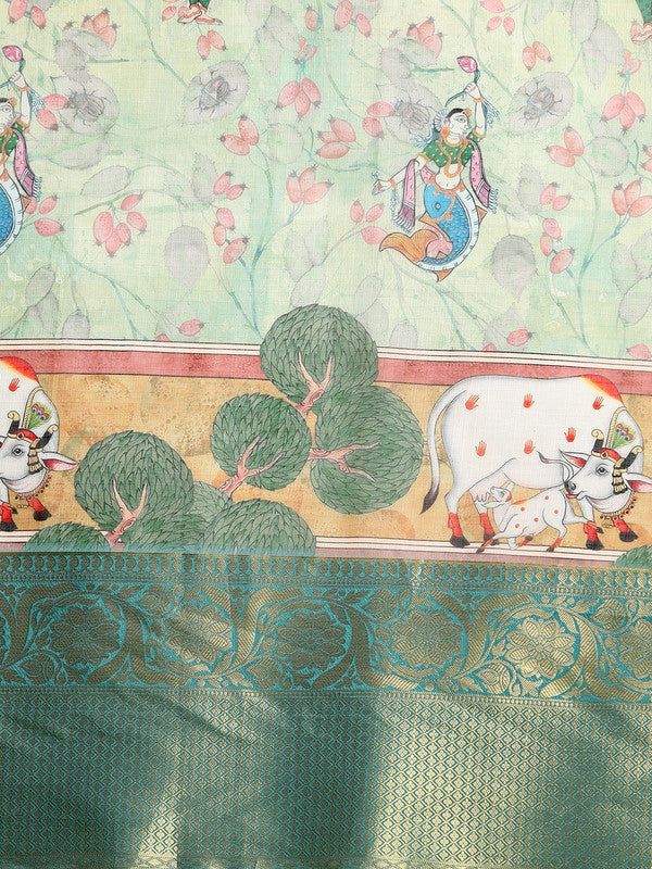Green Munga Silk Digital Print Animal Print Saree with Unstitched Blouse - Hiral Fashion