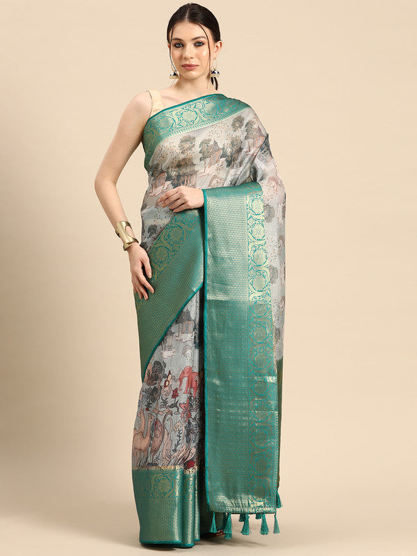 Gray Munga Silk Digital Print Animal Print Saree with Unstitched Blouse - Hiral Fashion