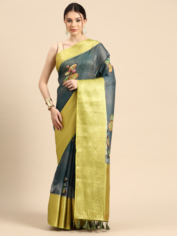 Dark Blue Munga Silk Digital Print Floral Saree with Unstitched Blouse - Hiral Fashion