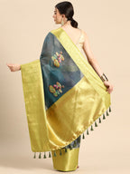 Dark Blue Munga Silk Digital Print Floral Saree with Unstitched Blouse - Hiral Fashion