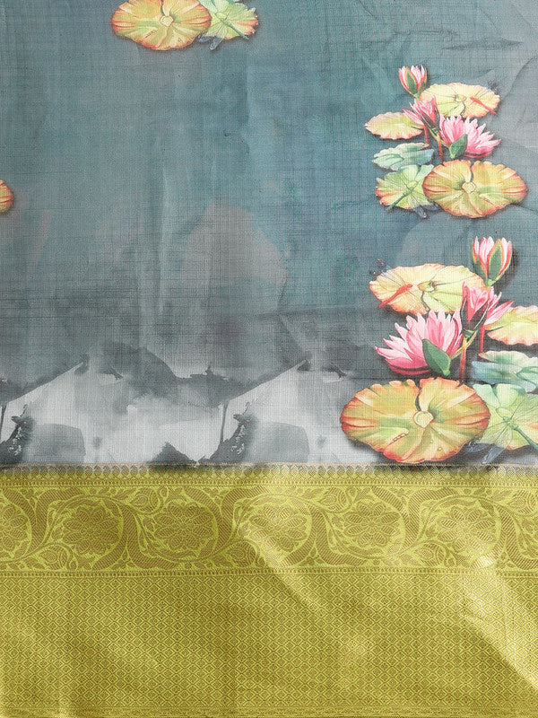 Dark Blue Munga Silk Digital Print Floral Saree with Unstitched Blouse - Hiral Fashion