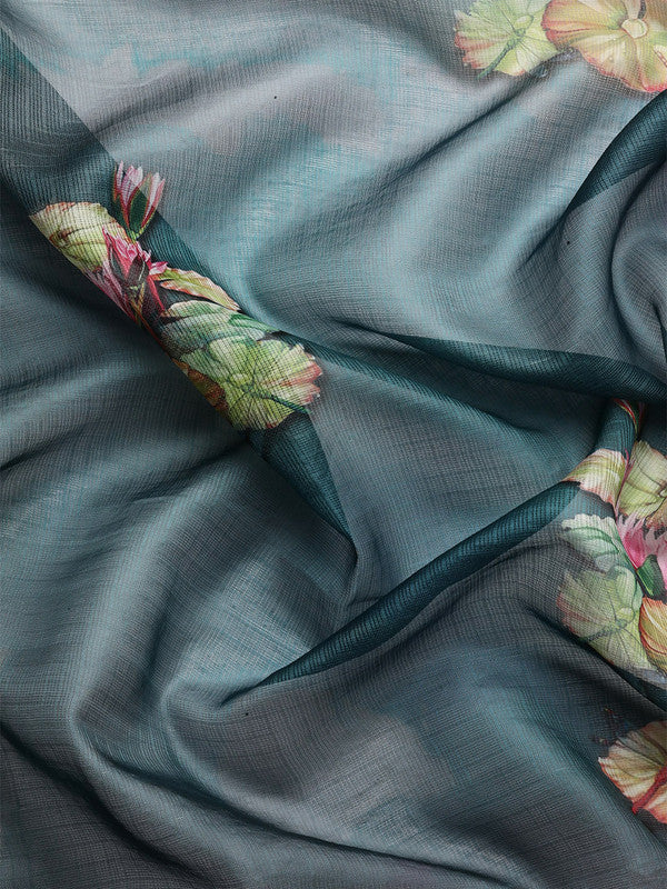 Dark Blue Munga Silk Digital Print Floral Saree with Unstitched Blouse - Hiral Fashion