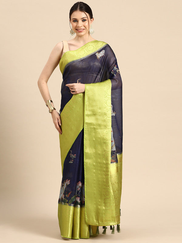 Navy Blue Munga Silk Digital Print Animal Print Saree with Unstitched Blouse - Hiral Fashion