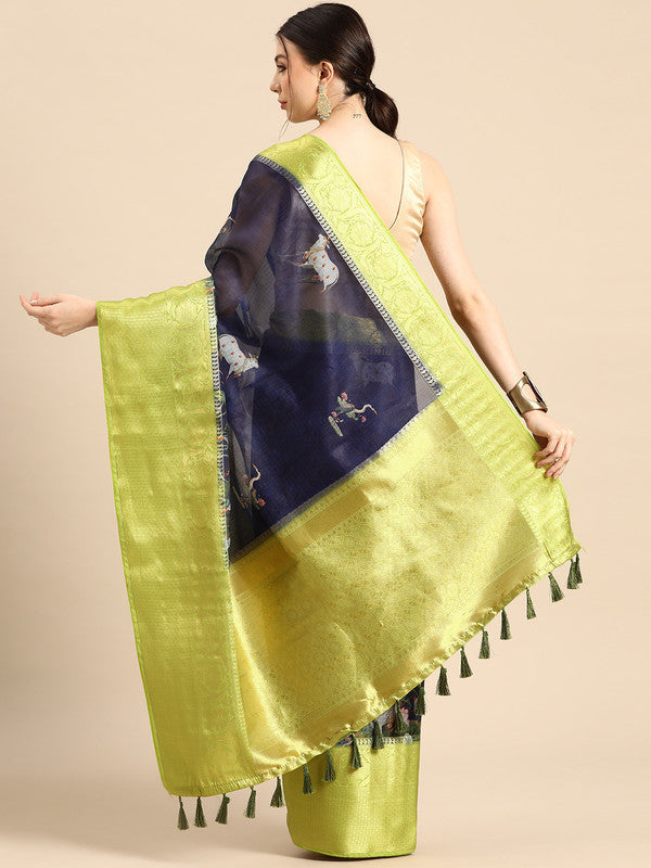 Navy Blue Munga Silk Digital Print Animal Print Saree with Unstitched Blouse - Hiral Fashion