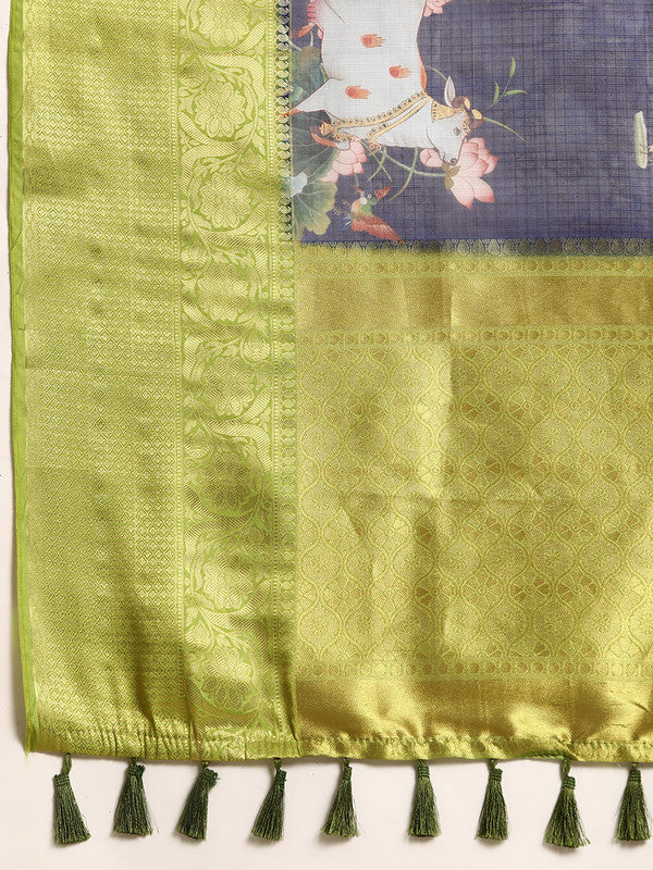 Navy Blue Munga Silk Digital Print Animal Print Saree with Unstitched Blouse - Hiral Fashion
