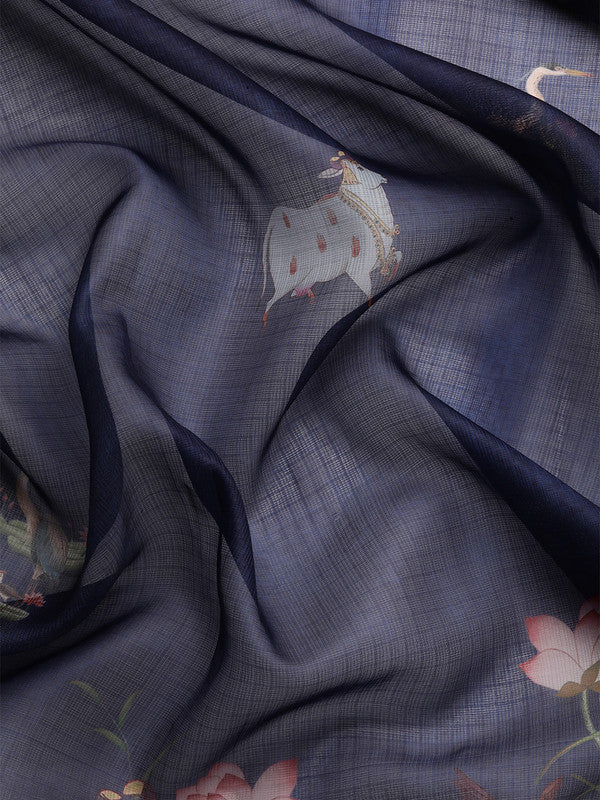 Navy Blue Munga Silk Digital Print Animal Print Saree with Unstitched Blouse - Hiral Fashion