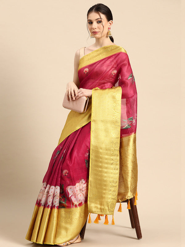 Red Munga Silk Digital Print Animal Print Saree with Unstitched Blouse - Hiral Fashion