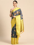 Dark Blue Munga Silk Digital Print Floral Saree with Unstitched Blouse - Hiral Fashion