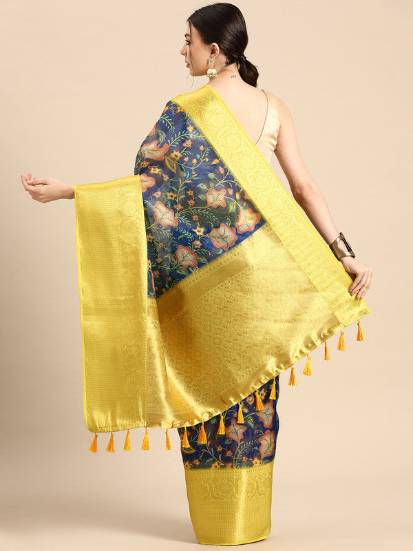 Dark Blue Munga Silk Digital Print Floral Saree with Unstitched Blouse - Hiral Fashion