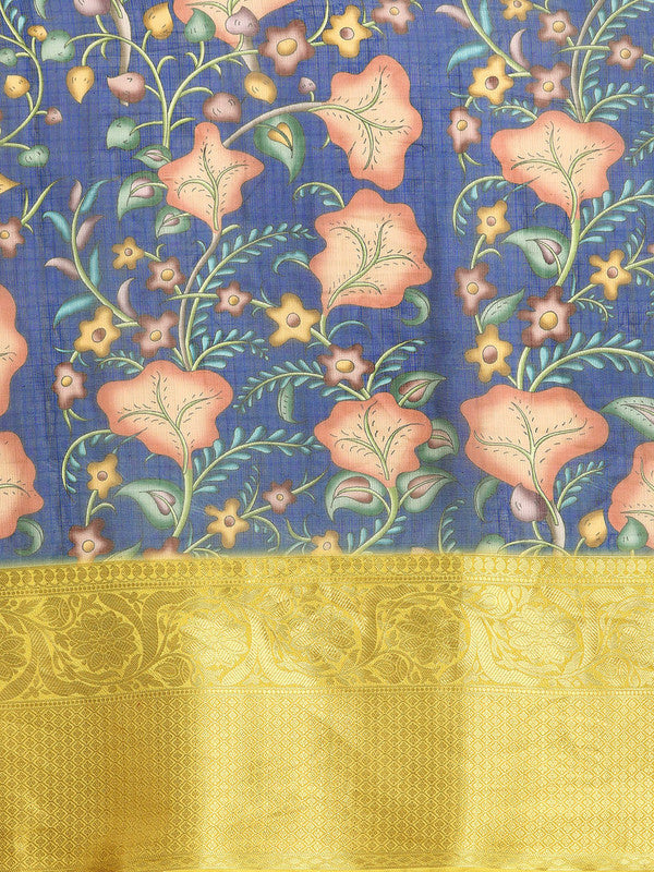 Dark Blue Munga Silk Digital Print Floral Saree with Unstitched Blouse - Hiral Fashion