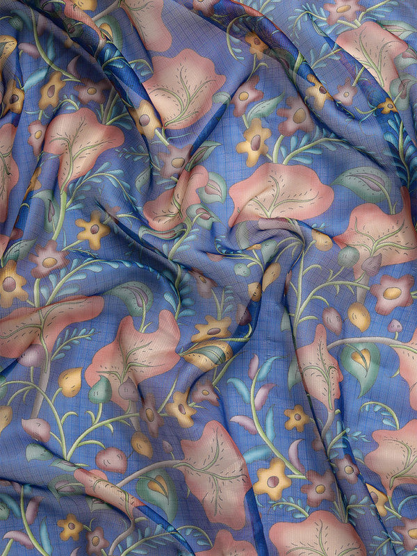 Dark Blue Munga Silk Digital Print Floral Saree with Unstitched Blouse - Hiral Fashion