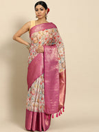 Beige Munga Silk Digital Print Animal Print Saree with Unstitched Blouse - Hiral Fashion