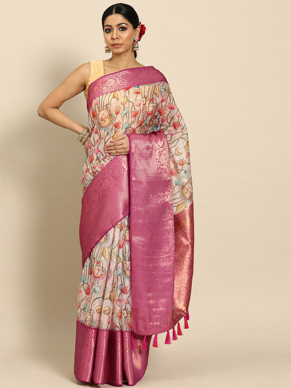 Beige Munga Silk Digital Print Animal Print Saree with Unstitched Blouse - Hiral Fashion