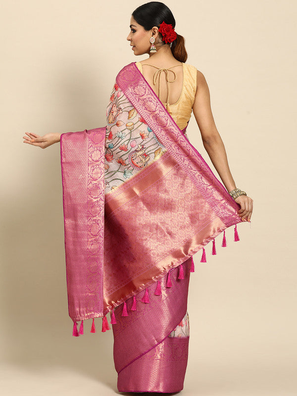 Beige Munga Silk Digital Print Animal Print Saree with Unstitched Blouse - Hiral Fashion