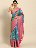 Turquoise Munga Silk Digital Print Floral Saree with Unstitched Blouse - Hiral Fashion
